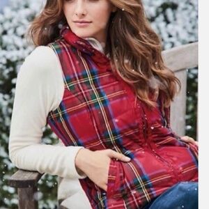 Lands End Down Tartan Plaid Red Puff Vest XL
